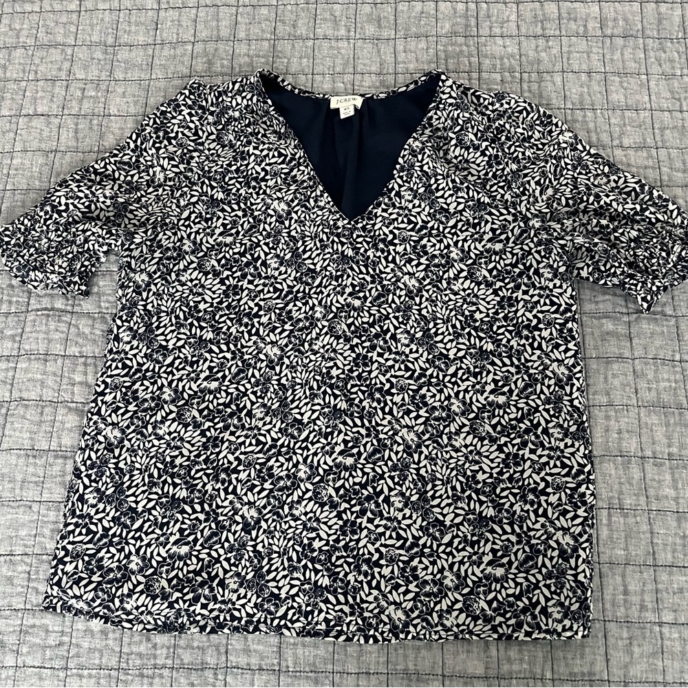 J. Crew Navy and White Floral V-Neck Blouse